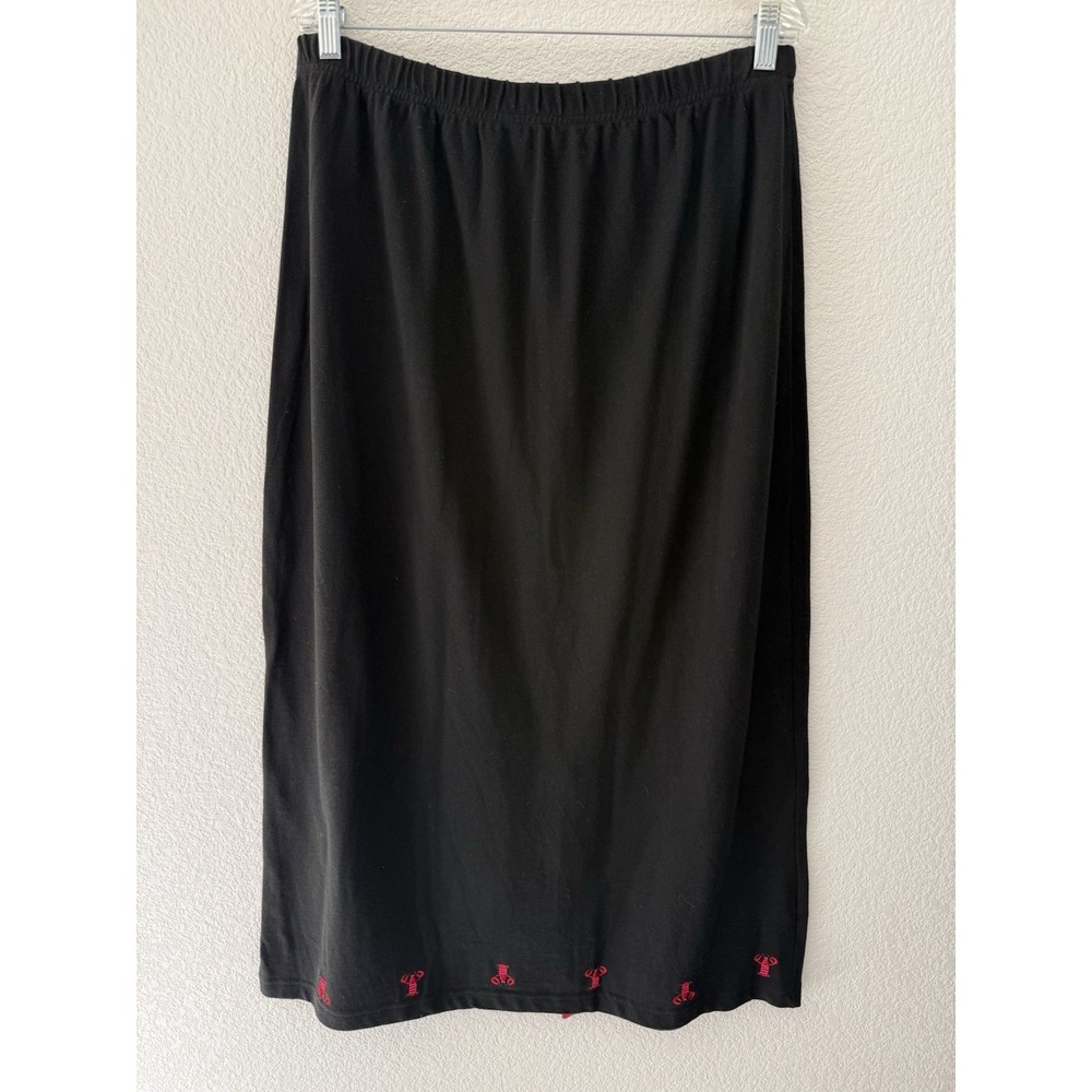 Quacker Factory Lobster Embroidered Maxi Skirt 1X Black Slit Coastal Beachy EUC